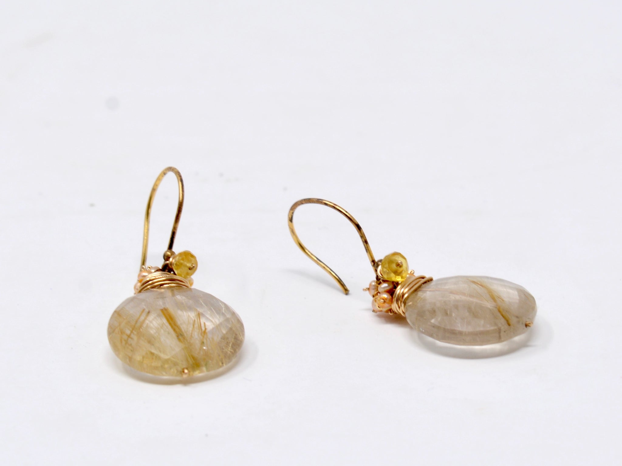 Rutilated Quartz Coins with Yellow Sapphire and Pearl